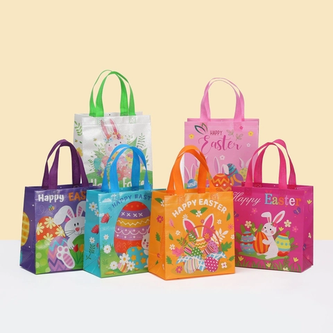 Easter Non-woven Gift Bag Cute Cartoon Bunny Easter Egg Printed Waterproof Handheld Shopping Bag Holiday Party Favor Tote Bag