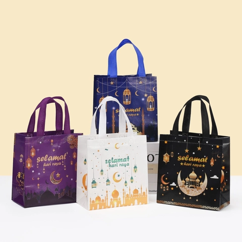Hari Raya Eid Al-Fitr Non-Woven Cadeauzak Moskee Maan Sterren Patroon Gelamineerd Waterdicht Draagtas Voor Moslim Viering