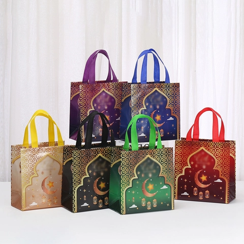 Ramadan Eid Mubarak Non-Woven Gift Bags Islamic Moon Star Lantern Pattern Party Favor Handbags For Treats Gifts Ramadan Decorations