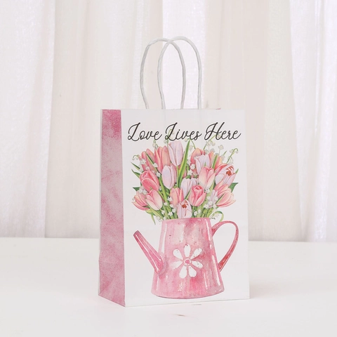 Pastoral Tulip Kraft Paper Gift Bag Fresh Pink Floral Handbag For Spring Birthday Wedding Party Favors Packaging Tote Bag