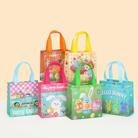 Bolsa de Mano de Tela No Tejida de Pascua Bolsa de Compras Reutilizable Patrón de Conejo y Huevo de Dibujos Animados Con Asa