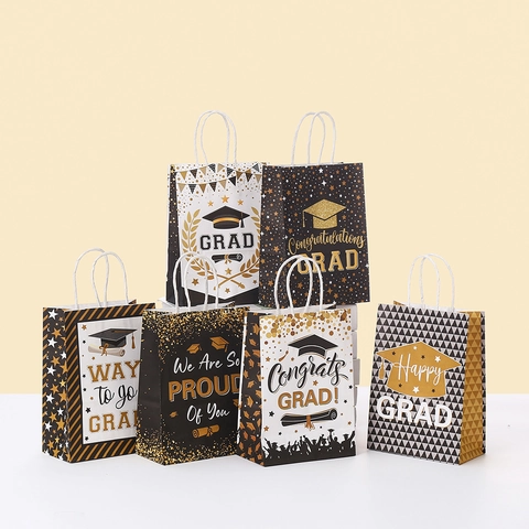 Herzlichen Glückwunsch Abschlussfeier Geschenktüten Kraftpapier Handtaschen Für Abschlussfeier Zubehör Schwarz Gold Weiß