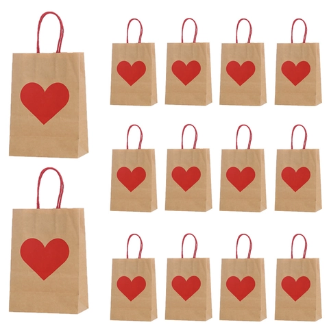 Valentine's Day Heart Pattern Kraft Paper Gift Bags With Handles Wedding Party Favor Bags Shopping Packing Bags For Gifts