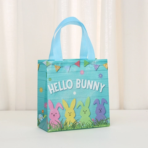 Bolsa de Mano de Tela No Tejida de Pascua Bolsa de Compras Reutilizable Patrón de Conejo y Huevo de Dibujos Animados Con Asa