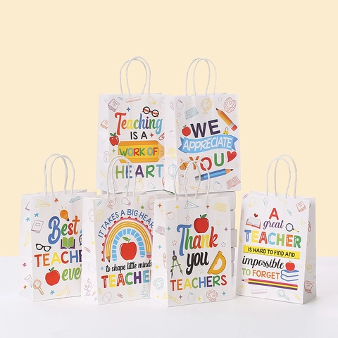 White Kraft Paper Gift Bags With Handles Cartoon Teacher Appreciation Print Gift Wrap Bags For Teacher's Day Graduation School