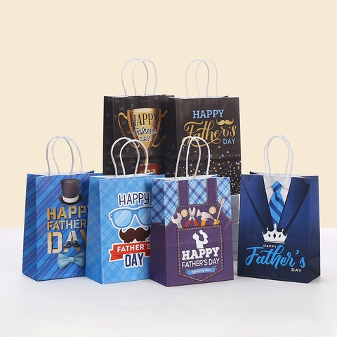 Sacs Cadeaux en Papier Kraft Happy Father's Day Motif Moustache Cravate Outils Sacs de Fête Pour Hommes Papa Héros