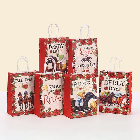 Vintage Horse Racing Theme Kraft Paper Gift Bag Red Rose Derby Day Pattern Party Favor Portable Handle Shopping Bag