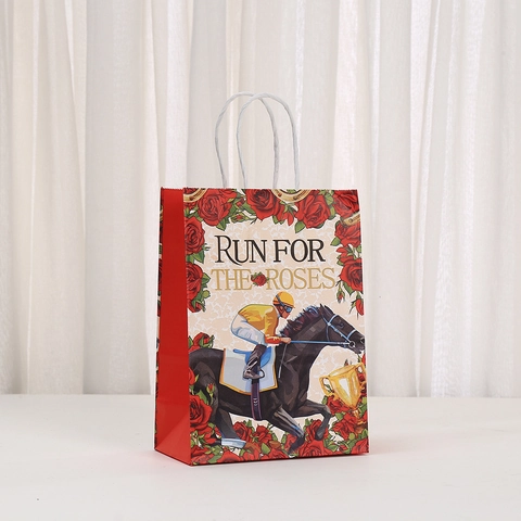 Derby Day Horse Racing Paper Gift Bags Red Rose Floral Pattern Party Favor Bags With Handles For Gift Wrapping Events