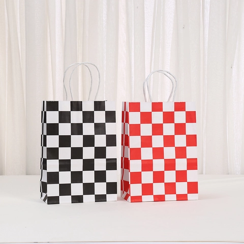 Checkerboard Kraft Paper Gift Bag Portable Handheld Shopping Bag With Handle For Party Birthday Gift Wrapping Packaging