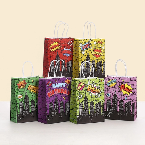 Superhero Comic Book Theme Paper Gift Bag City Silhouette Pop Art Design Birthday Party Favor Bag With Handles For Kids