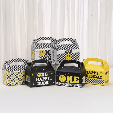 Smiley Face Checkerboard Party Gift Box One Happy Dude Birthday Treat Boxes Paper Handle Candy Packaging Case