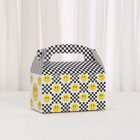 Smiley Face Checkerboard Party Gift Box One Happy Dude Birthday Treat Boxes Paper Handle Candy Packaging Case