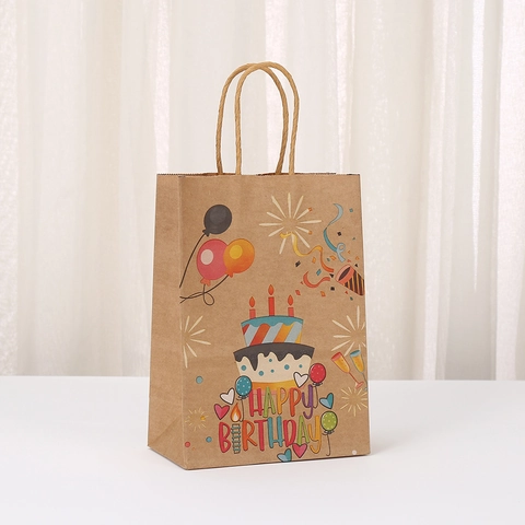 Sacchetti Regalo in Carta Kraft per Festa di Compleanno Con Manici Intrecciati Disegni Animati Colorati Palloncino Torta Stampati