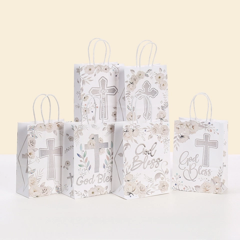 Sacchetti Regalo in Carta Kraft Bianca Con Croce Glitterata Argento God Bless Motivo Floreale per Battesimo Comunione Matrimonio Cerimonia Religiosa Manici