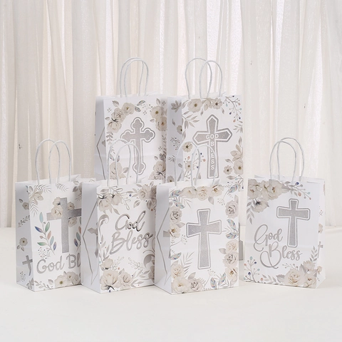 Weiße God Bless Papier Geschenktüte Mit Silbernem Glitzer Kreuz Und Blumendesign Für Taufe Hochzeit Religiöse Partybeutel