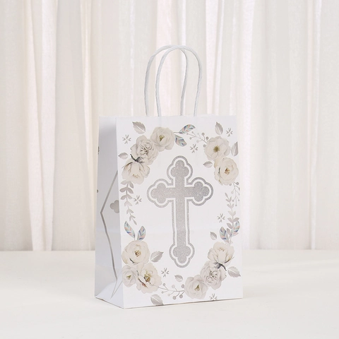 Sacchetti Regalo in Carta Kraft Bianca Con Croce Glitterata Argento God Bless Motivo Floreale per Battesimo Comunione Matrimonio Cerimonia Religiosa Manici