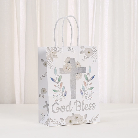 Sacchetto Regalo in Carta White God Bless Con Croce Glitterata Argento E Design Floreale Per Battesimo Matrimonio Festa Religiosa