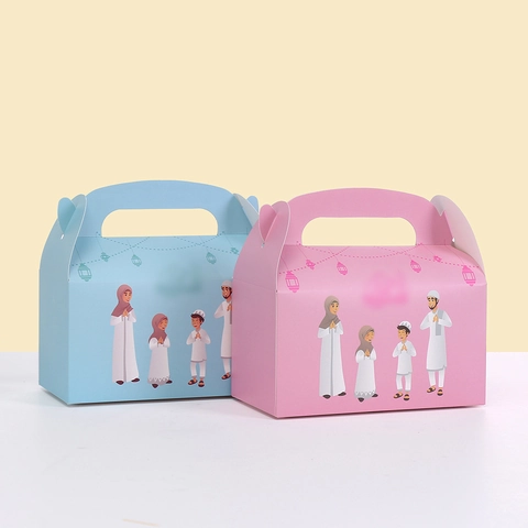Eid Mubarak Gift Wrapping Boxes Cartoon Muslim Family Print Handheld Paper Cake Candy Packaging For Ramadan Party Favors
