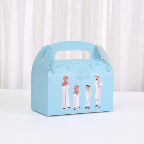 Eid Mubarak Gift Wrapping Boxes Cartoon Muslim Family Print Handheld Paper Cake Candy Packaging For Ramadan Party Favors