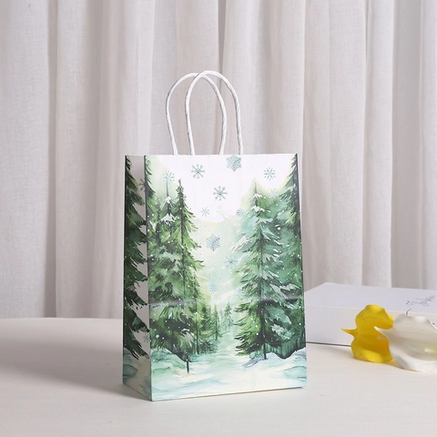Sacchetti Regalo di Natale in Carta Con Manici Foresta Invernale Fiocco di Neve Renna Stampati Sacchetti in Carta Kraft per Festa