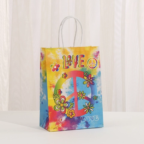 Retro Hippie Kraft Paper Gift Bag Colorful Tie-Dye Print Handle Bag Peace Sign Guitar Heart Love Retro Handheld Paper Bag For Party Favors Shopping Storage
