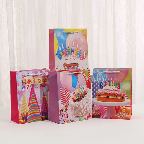 Happy Birthday Paper Gift Bags With Handles For Party Favor Goodie Bags Colorful Cake Balloon Patterns Birthday Celebration Treat Bags