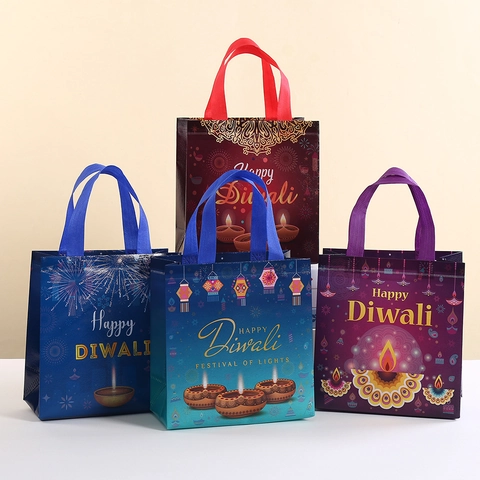 Happy Diwali Gift Bags Non-woven Handle Bags With Diya Mandala Patterns For Indian Festival Celebration Party Packaging