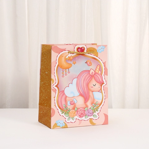 Cartoon Unicorn Print Gift Wrapping Paper Bag With Golden Handle Dreamy White Cardboard Tote For Birthday Party Favor Bags
