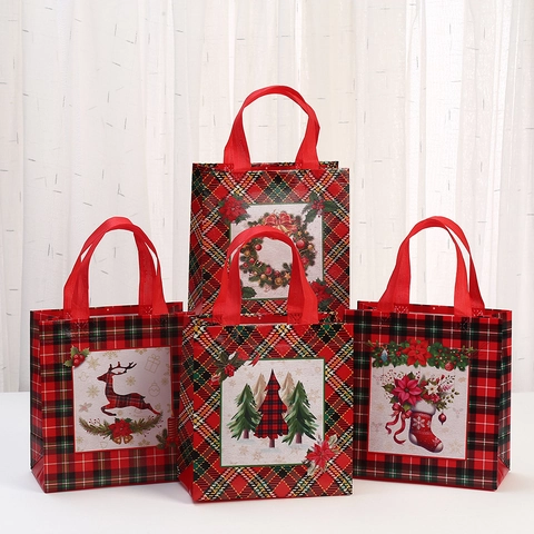 Bolsa de Regalo de Tela No Tejida Laminada a Cuadros de Navidad Bolsa de Mano Reutilizable Reno Árbol Corona Patrón Embalaje de Fiesta