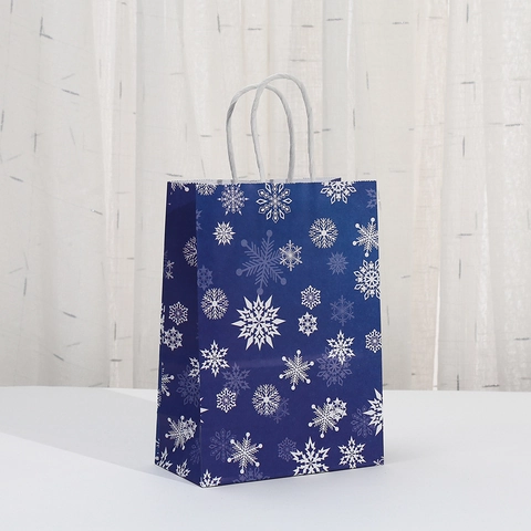 Blaue Weihnachts Geschenktüte Papier Schneeflocke Rentier Schneemann Muster Druck Tragetaschen Für Feiertag Party Süßigkeiten