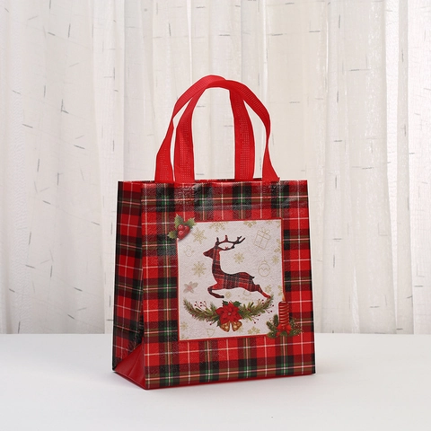 Bolsa de Regalo de Tela No Tejida Laminada a Cuadros de Navidad Bolsa de Mano Reutilizable Reno Árbol Corona Patrón Embalaje de Fiesta