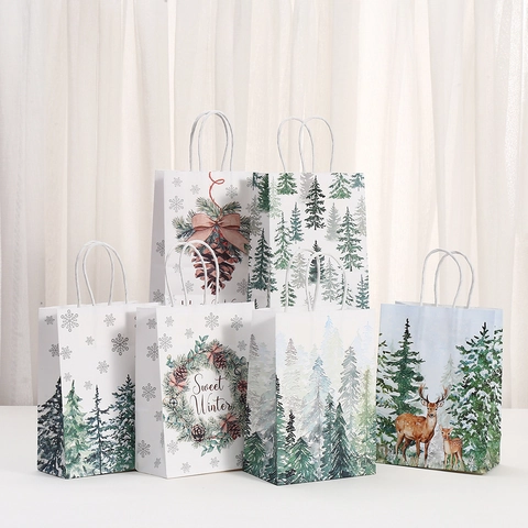 Christmas Kraft Paper Gift Bags With Handles Winter Forest Reindeer Pine Tree Snowflakes Print Party Candy Treat Packaging Bags