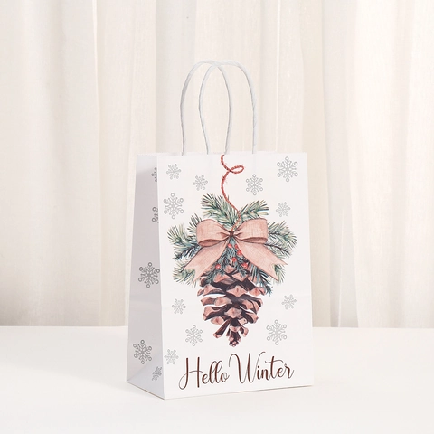 Christmas Kraft Paper Gift Bags With Handles Winter Forest Reindeer Pine Tree Snowflakes Print Party Candy Treat Packaging Bags