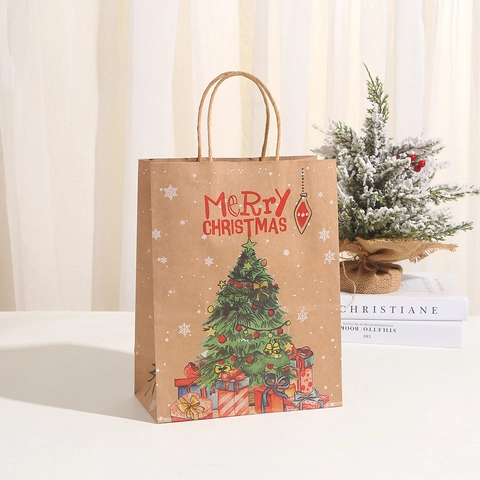 Sac Cadeau en Papier Kraft de Noël Avec Poignées Écologique Impression Merry Christmas Sac de Fête pour Cadeaux de Noël
