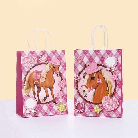 Pink Plaid Kraft Paper Gift Bags With Cartoon Horse And Cowboy Hat Patterns Birthday Party Candy Treat Bags For Kids Gift Wrapping