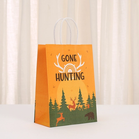 Hunting Theme Kraft Paper Gift Bags With Handles Camouflage Deer Head Pattern For Party Favors Candy Packaging Tote Bags