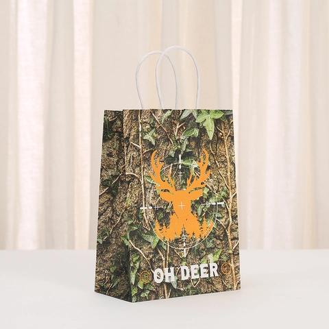 Hunting Theme Kraft Paper Gift Bags With Handles Camouflage Deer Hunter Print Party Favor Bags For Outdoor Enthusiasts