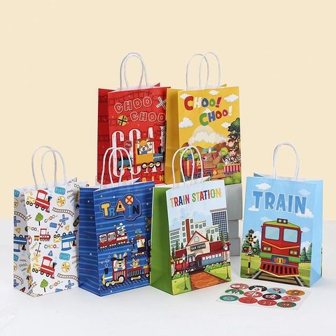 Bolsas de Regalo de Papel Kraft Impresas con Animales de Tren de Dibujos Animados con Asas de Cuerda de Algodón para Fiesta de Cumpleaños Infantil
