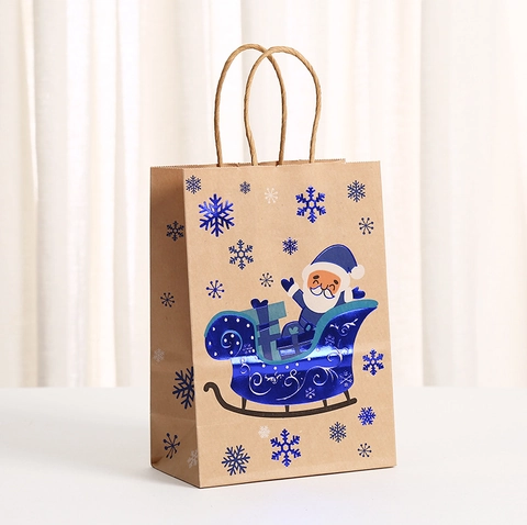 Christmas Kraft Paper Gift Bags With Blue Foil Stamping Patterns Holiday Snowflake Handle Party Favor Bags For Candy Cookies