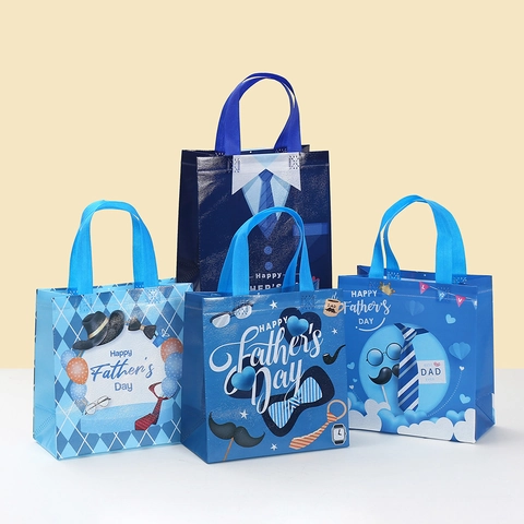 Father's Day Gift Bags Laminated Non-Woven Handheld Party Favor Bags Blue Tie Mustache Pattern For Dad Candy Wrapping Tote