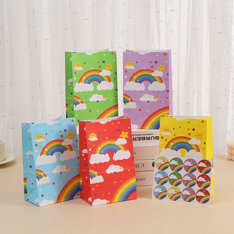 Bolsas de Regalo de Papel Kraft con Estampado de Arcoíris Sol Nubes para Fiestas de Cumpleaños Suministros Bolsas de Dulces