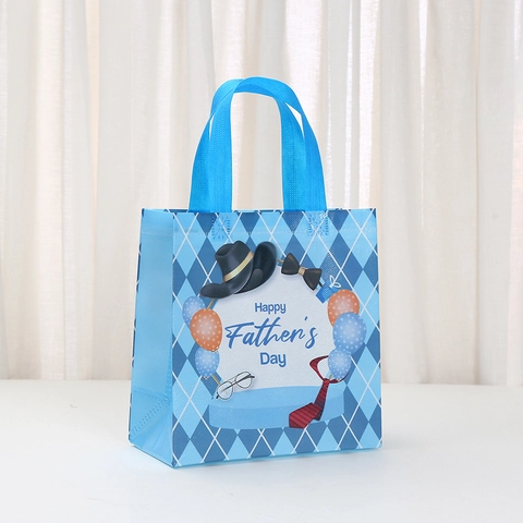 Father's Day Gift Bags Laminated Non-Woven Handheld Party Favor Bags Blue Tie Mustache Pattern For Dad Candy Wrapping Tote