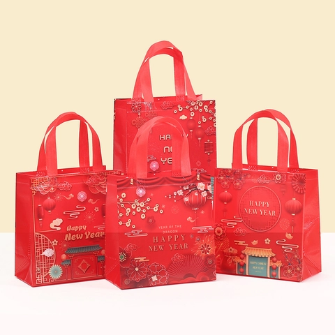 Chinesisches Neujahr Vliesstoff Geschenktüte Happy New Year Wasserdichte Handtasche Für Mondneujahr Drachenmuster