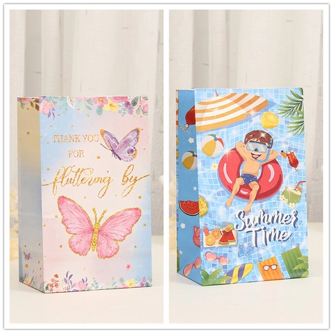 Bolsas de Regalo de Papel Kraft Estampado Con Patrón de Mariposa y Fiesta en la Piscina para Empaque de Dulces y Galletas