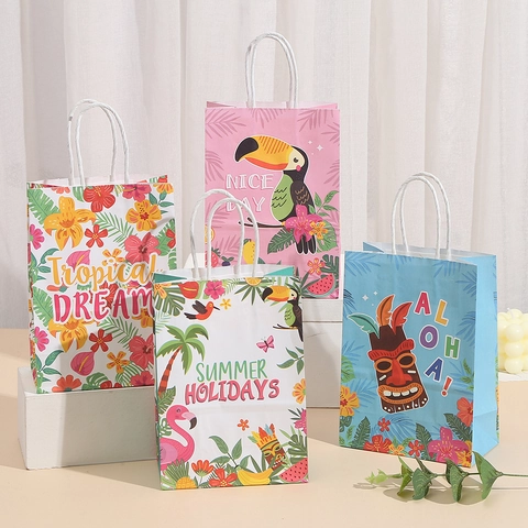 Bolsa de Regalo de Papel Kraft con Tema de Verano Tropical Con Asa Trenzada Patrón de Flamenco Piña Tiki para Embalaje de Regalos de Fiesta de Cumpleaños
