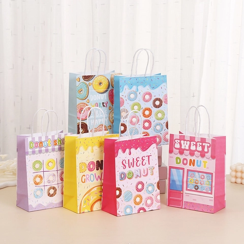 Donut Theme Gift Bags Kraft Paper Tote For Birthday Party Sweet Donut Shop Favor Bags With Handle Candy Cookie Packaging