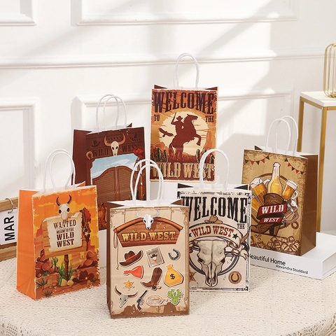 Wild West Cowboy Theme Kraft Paper Gift Bags With Handles Retro Printing Party Favors Gift Wrap Bags For Western Party