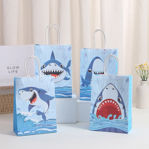 Summer Shark Ocean Theme Kraft Paper Gift Bags With Handles Cartoon Pool Party Shopping Bag For Wedding Birthday Celebration