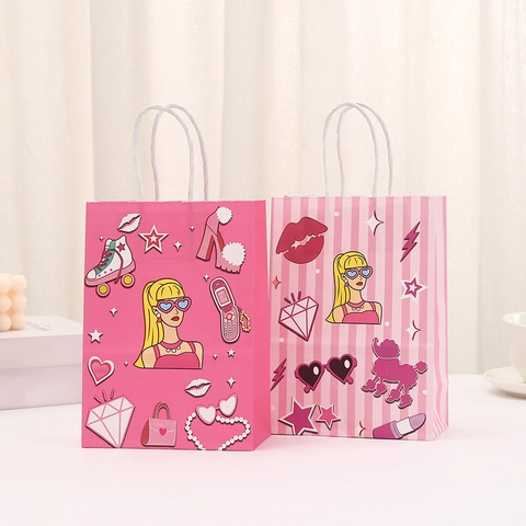 Bolsa de Regalo de Papel Kraft Rosa Estilo Y2K Con Asa Estampado de Niña de Dibujos Animados Para Fiesta Cumpleaños Bolsa de Regalo Para Niñas