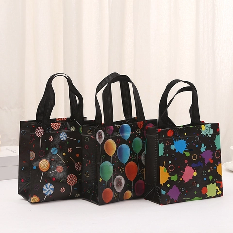 Bolsa de Regalo de Mano de Tela No Tejida Laminada Impermeable con Patrón de Piruleta Globo Salpicadura de Tinta Bolsa de Fiesta para Cumpleaños Boda Compras